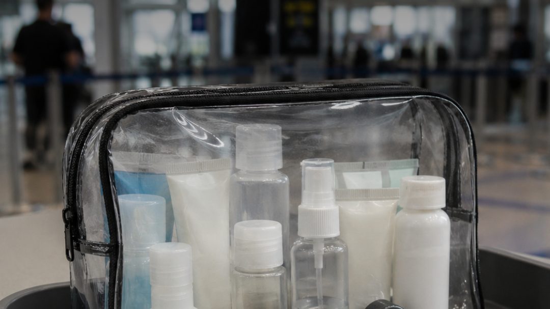 Clear travel bag of miniature toiletry bottles on an airport security tray